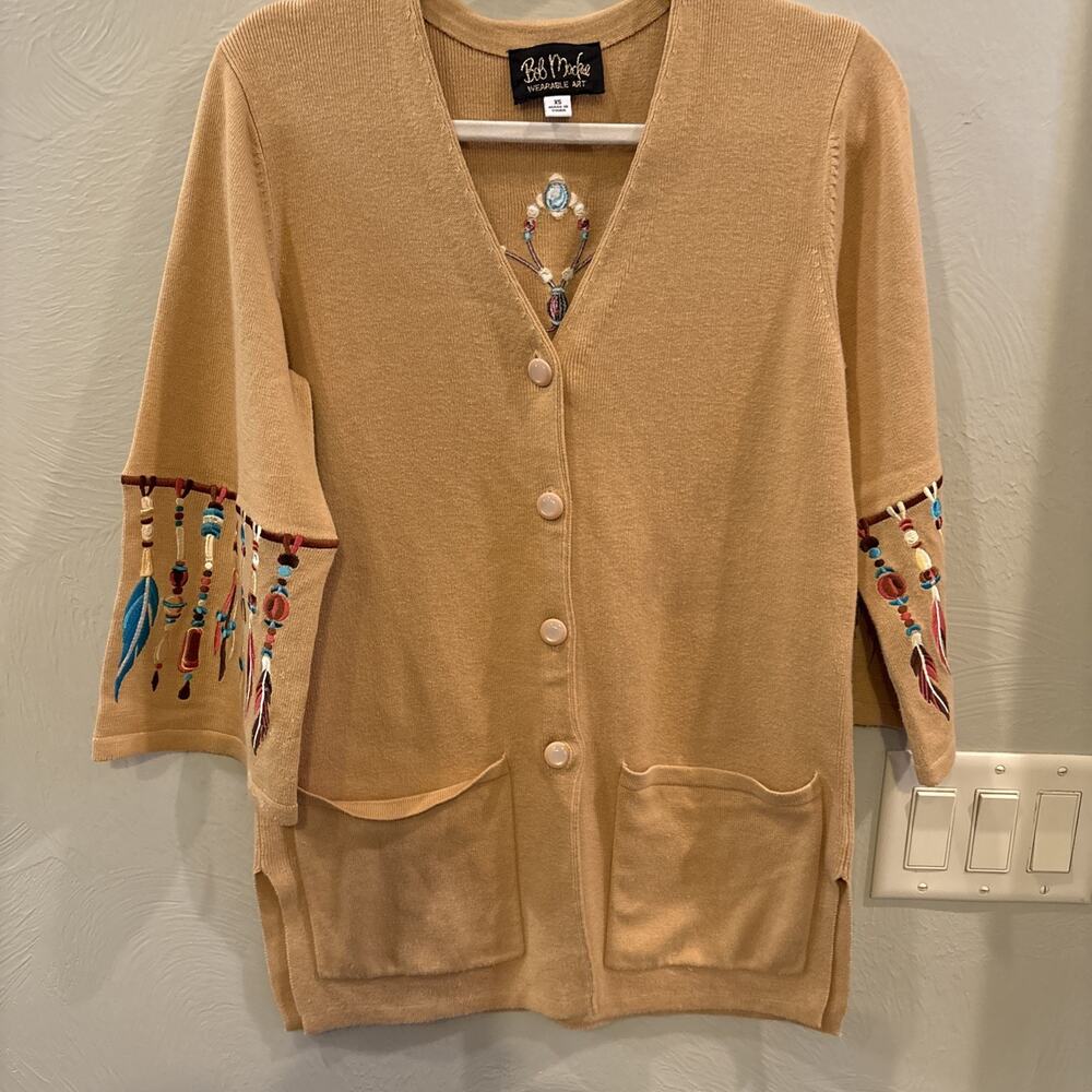Bob Mackie Wearable Art Tan Cardigan Women XSmall Dreamcatcher Embroidered‎ Art